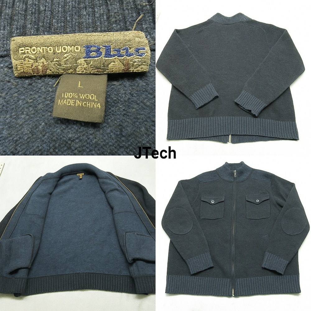 Pronto Uomo Blue Wool Sweater Men Large Navy Pockets FullZip Elbow Patch Utility